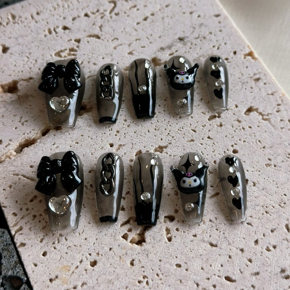 Monochrome Whimsy Kuromi/Handmade Coffin Cartoon Press on Nails